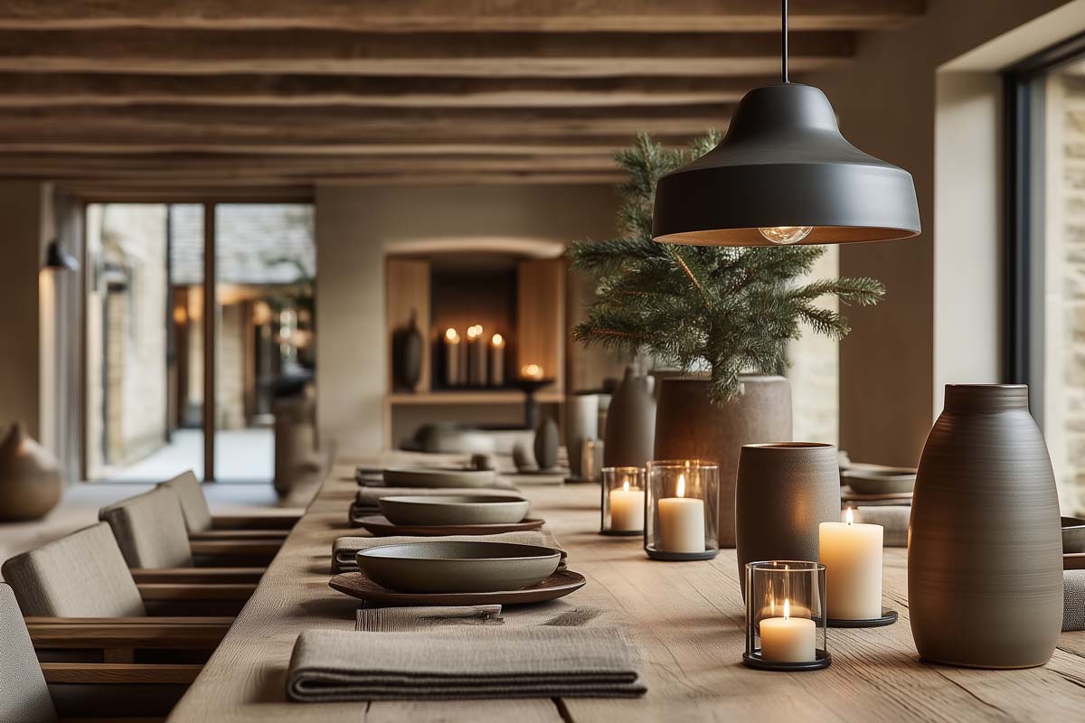 A cozy dining room featuring a wooden table adorned with candles, creating a warm and inviting atmosphere.