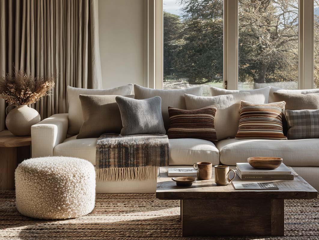 A cozy living room featuring a couch, a coffee table, and a decorative rug on the floor.