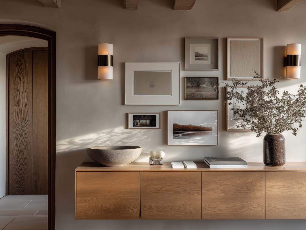 A stylish room with a wooden vanity and decorative pictures on the walls, enhancing the overall aesthetic appeal.