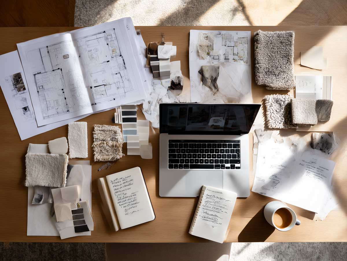 Interior designers desk top view with designs and a laptop