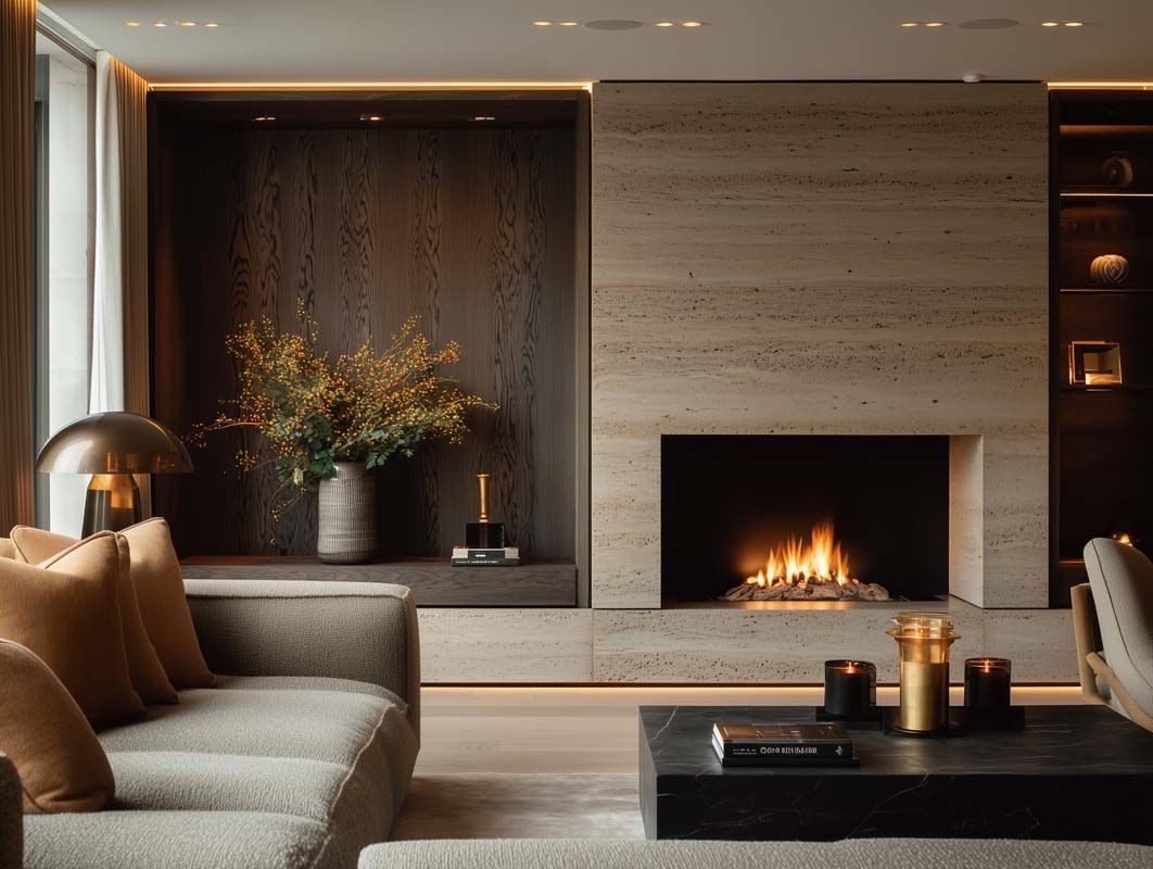 A modern living room featuring a cozy couch and a stylish fireplace, creating a warm and inviting atmosphere.